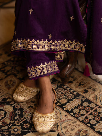 Purple Chinon Zari Sequence Embroidered and Cording Kurta With Pant And Dupatta Set