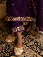 Purple Chinon Zari Sequence Embroidered and Cording Kurta With Pant And Dupatta Set