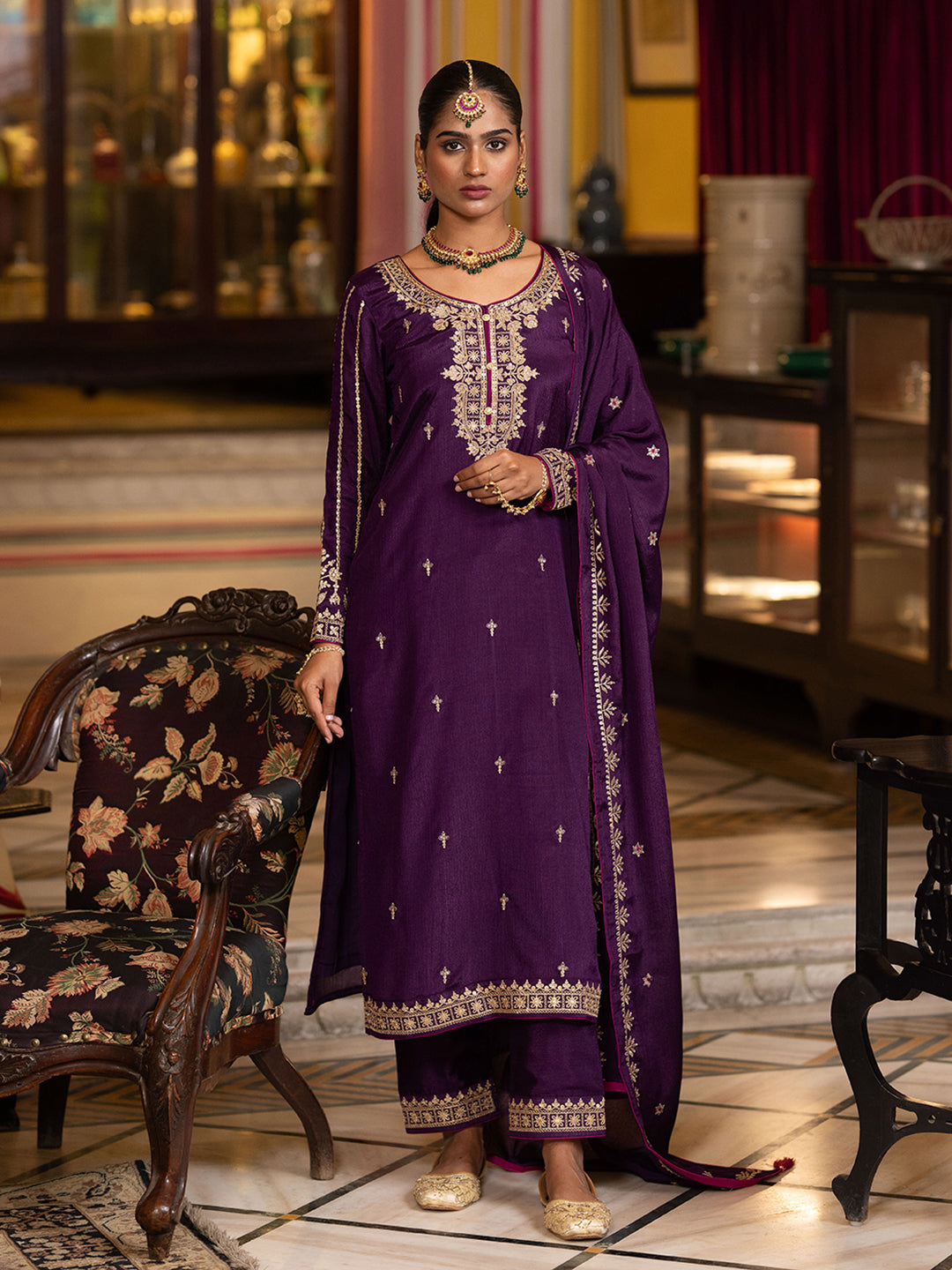 Purple EmbroidePurple Kurta Set with Dupatta & Pant