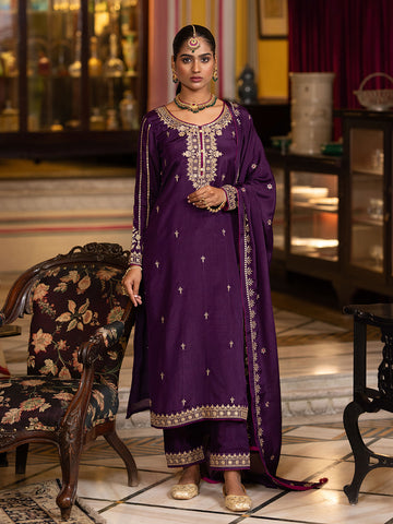 Purple Chinon Zari Sequence Embroidered and Cording Kurta With Pant And Dupatta Set