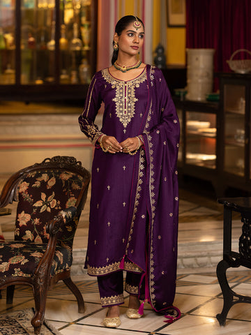 Purple Chinon Zari Sequence Embroidered and Cording Kurta With Pant And Dupatta Set