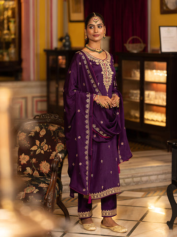 Purple Chinon Zari Sequence Embroidered and Cording Kurta With Pant And Dupatta Set