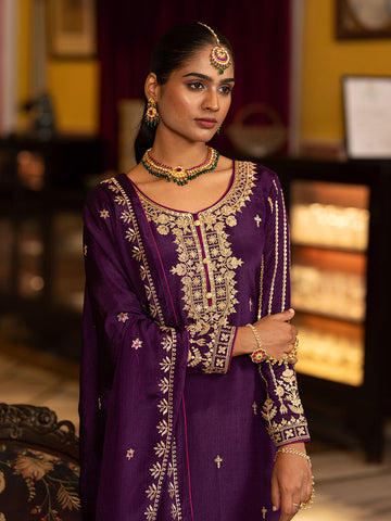 Purple Chinon Zari Sequence Embroidered and Cording Kurta With Pant And Dupatta Set