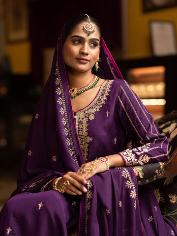 Purple Chinon Zari Sequence Embroidered and Cording Kurta With Pant And Dupatta Set