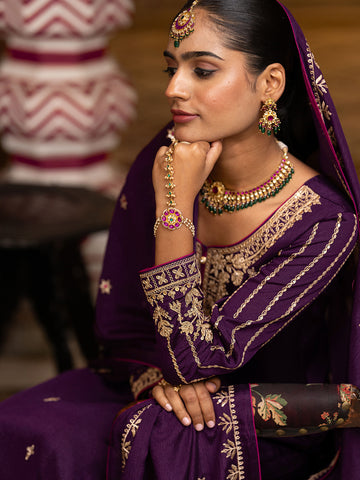 Purple Chinon Zari Sequence Embroidered and Cording Kurta With Pant And Dupatta Set