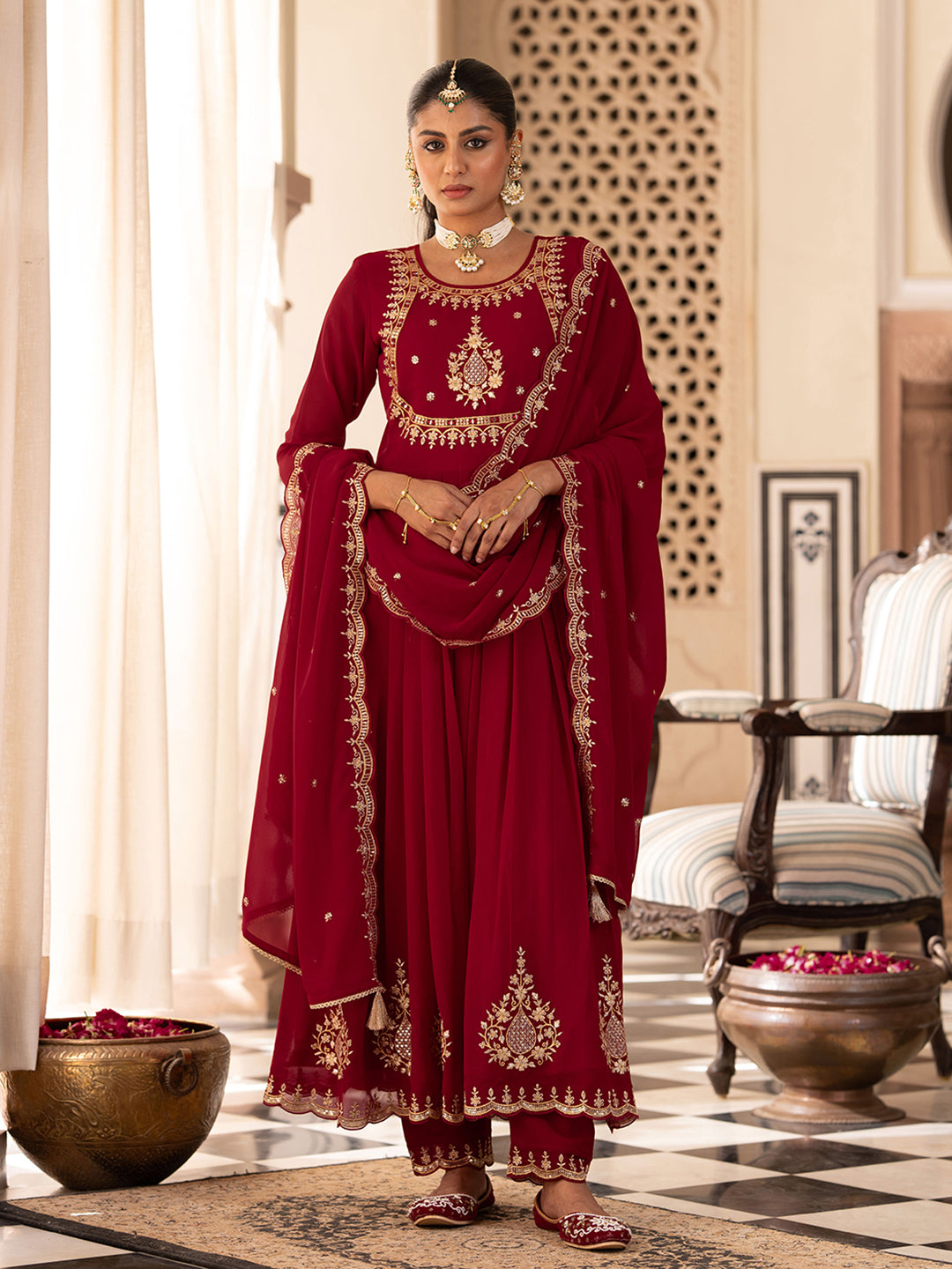 Maroon Georgette Zari Sequence Thread Embroidered With Mirror Work Kurta With Pant And Dupatta Set