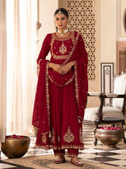 Red Embroidered Anarkali Kurta Set with Dupatta & Pants