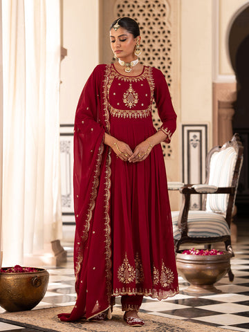 Red Embroidered Anarkali Kurta Set with Dupatta & Pants