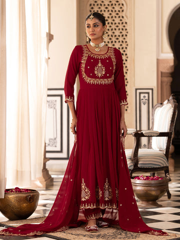 Maroon Georgette Zari Sequence Thread Embroidered With Mirror Work Kurta With Pant And Dupatta Set