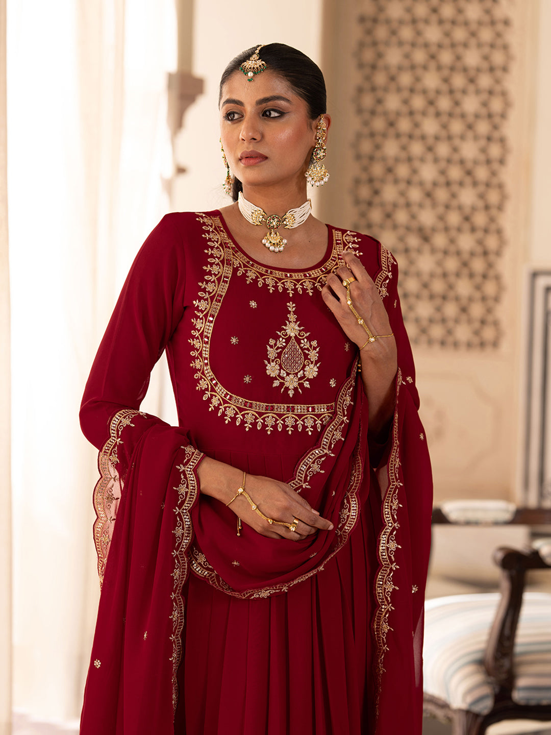 Red Embroidered Anarkali Kurta Set with Dupatta & Pants