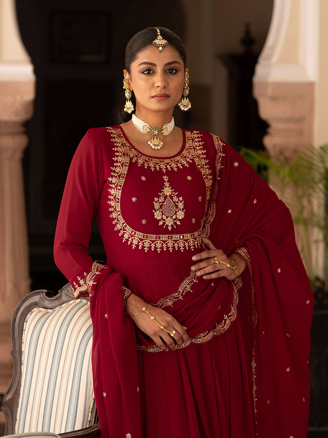 Maroon Georgette Zari Sequence Thread Embroidered With Mirror Work Kurta With Pant And Dupatta Set