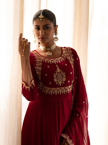 Maroon Georgette Zari Sequence Thread Embroidered With Mirror Work Kurta With Pant And Dupatta Set