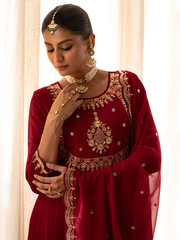 Red Embroidered Anarkali Kurta Set with Dupatta & Pants
