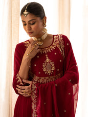 Maroon Georgette Zari Sequence Thread Embroidered With Mirror Work Kurta With Pant And Dupatta Set