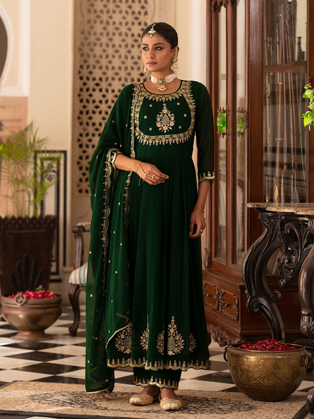 Green Georgette Zari Sequence Thread Embroidered With Mirror Work Kurta With Pant And Dupatta Set