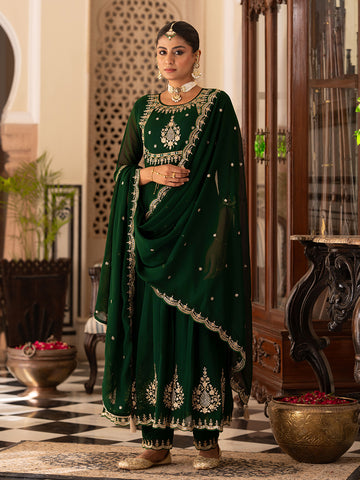 Green Georgette Zari Sequence Thread Embroidered With Mirror Work Kurta With Pant And Dupatta Set