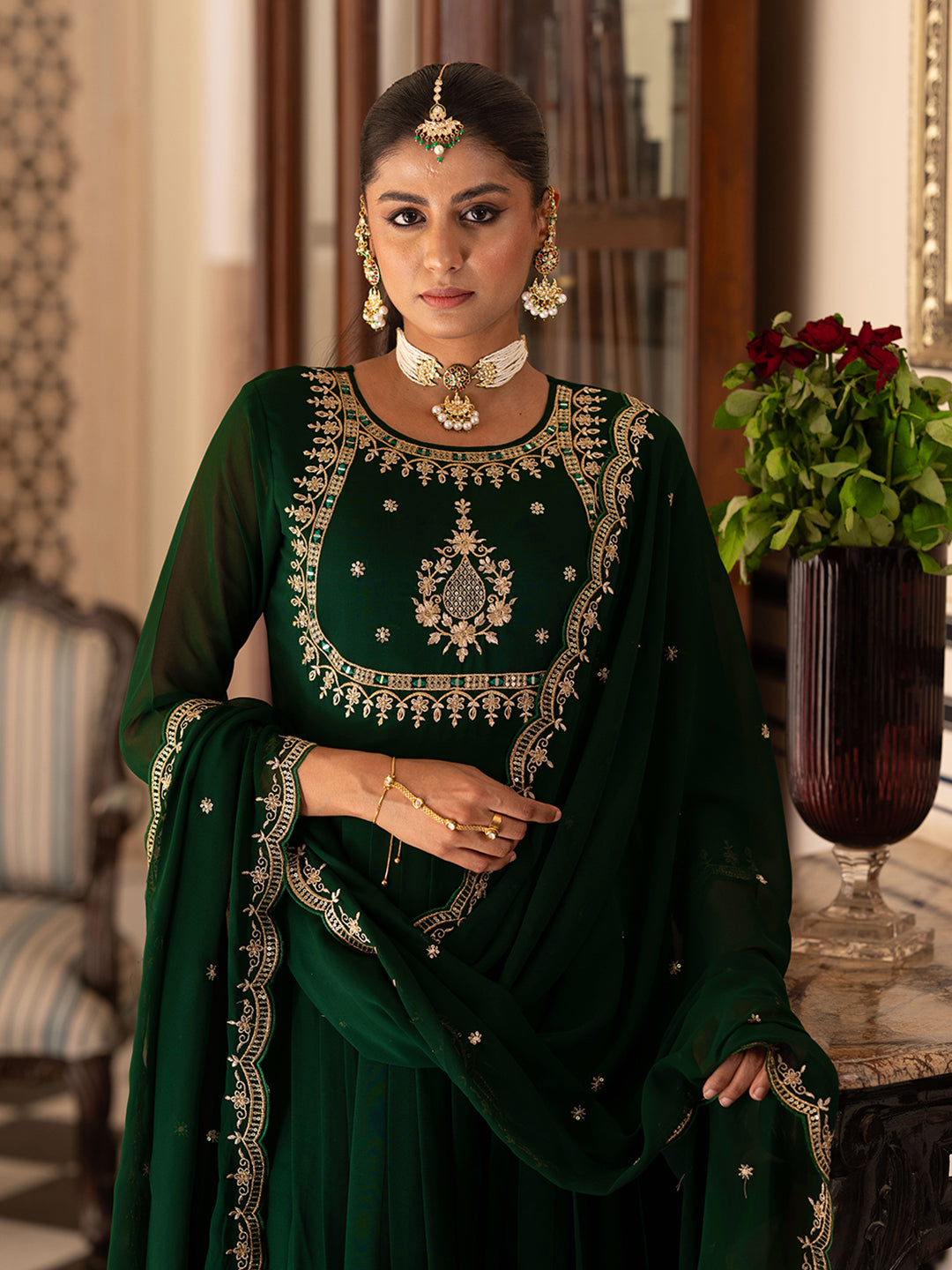Green EmbroideGreen Anarkali Kurta Set with Dupatta & Pants