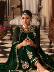 Green Georgette Zari Sequence Thread Embroidered With Mirror Work Kurta With Pant And Dupatta Set