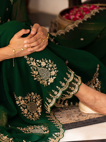Green Georgette Zari Sequence Thread Embroidered With Mirror Work Kurta With Pant And Dupatta Set