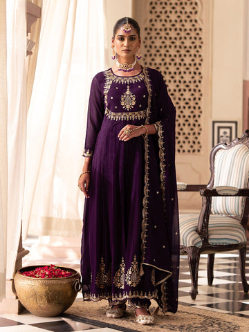Wine Georgette Zari Sequence Thread Embroidered With Mirror Work Kurta With Pant And Dupatta Set
