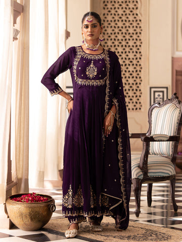 Wine Georgette Zari Sequence Thread Embroidered With Mirror Work Kurta With Pant And Dupatta Set