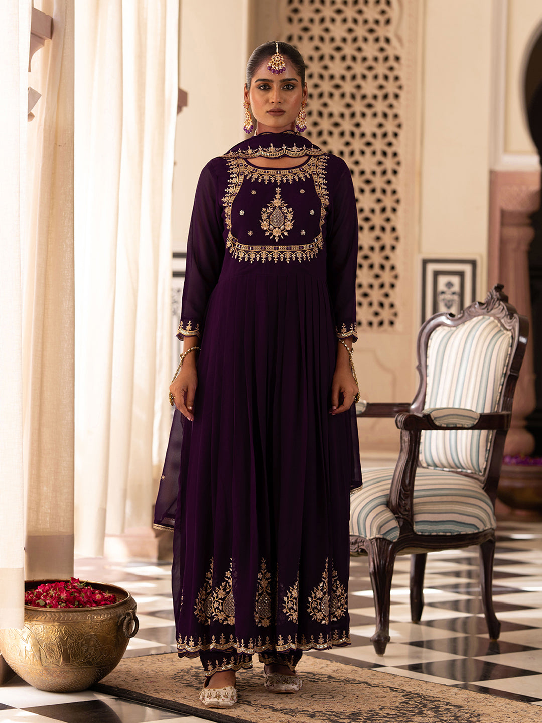 Wine Georgette Zari Sequence Thread Embroidered With Mirror Work Kurta With Pant And Dupatta Set