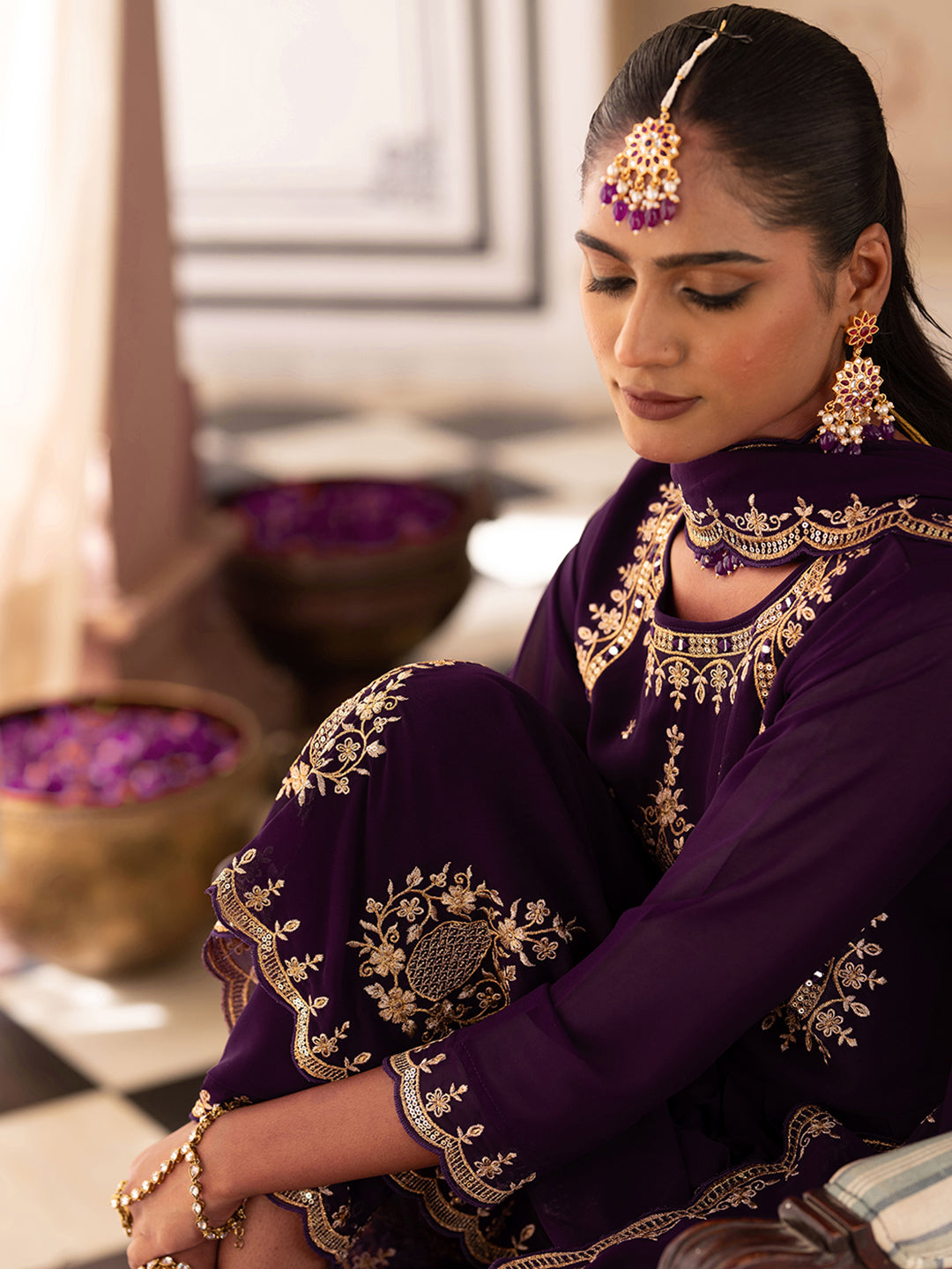 Wine Georgette Zari Sequence Thread Embroidered With Mirror Work Kurta With Pant And Dupatta Set