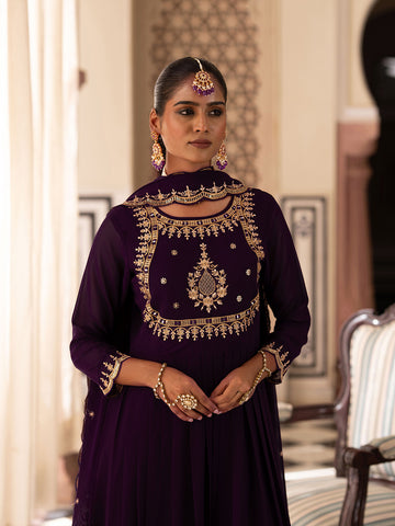 Wine Georgette Zari Sequence Thread Embroidered With Mirror Work Kurta With Pant And Dupatta Set