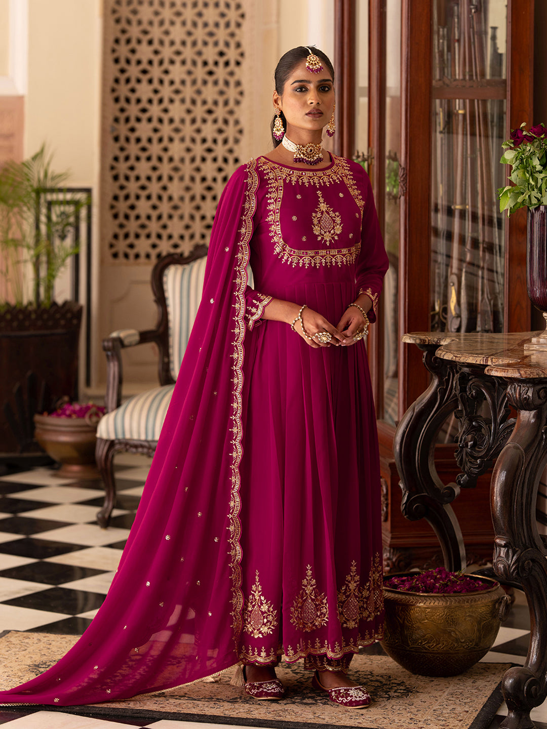 Pink EmbroidePink Anarkali Kurta Set with Dupatta & Pants