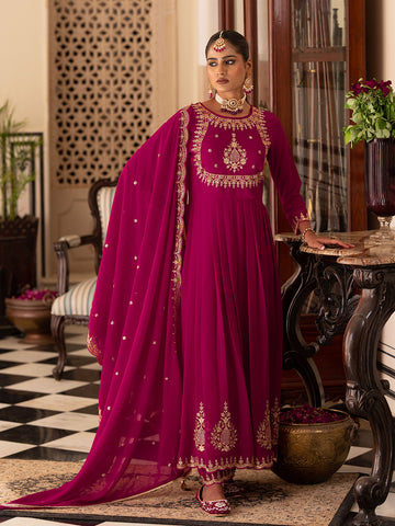 Raani Pink Georgette Zari Sequence Thread EmbroideRaani Pink With Mirror Work Kurta With Pant And Dupatta Set