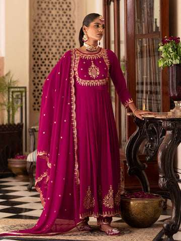Raani Pink Georgette Zari Sequence Thread EmbroideRaani Pink With Mirror Work Kurta With Pant And Dupatta Set