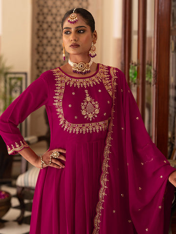 Pink EmbroidePink Anarkali Kurta Set with Dupatta & Pants