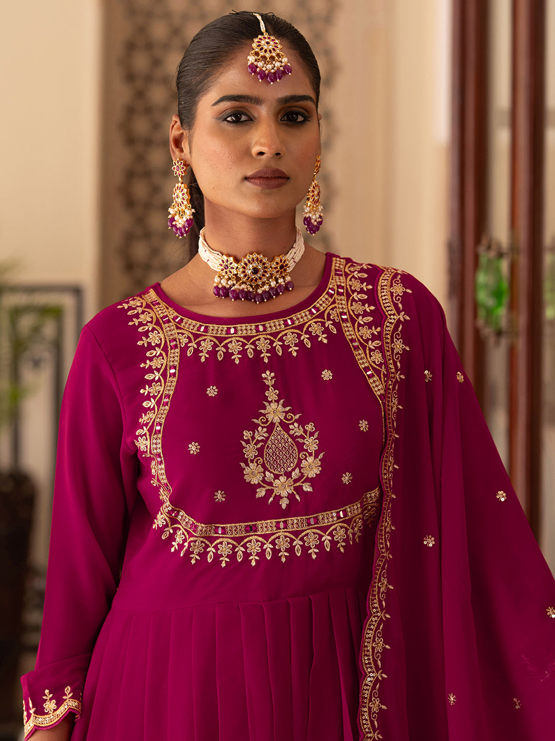 Pink EmbroidePink Anarkali Kurta Set with Dupatta & Pants