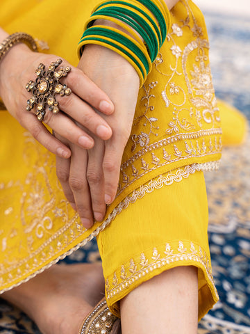 Yellow Chiffon Zari Sequence Thread Embroidered Kurta With Pant And Dupatta Set