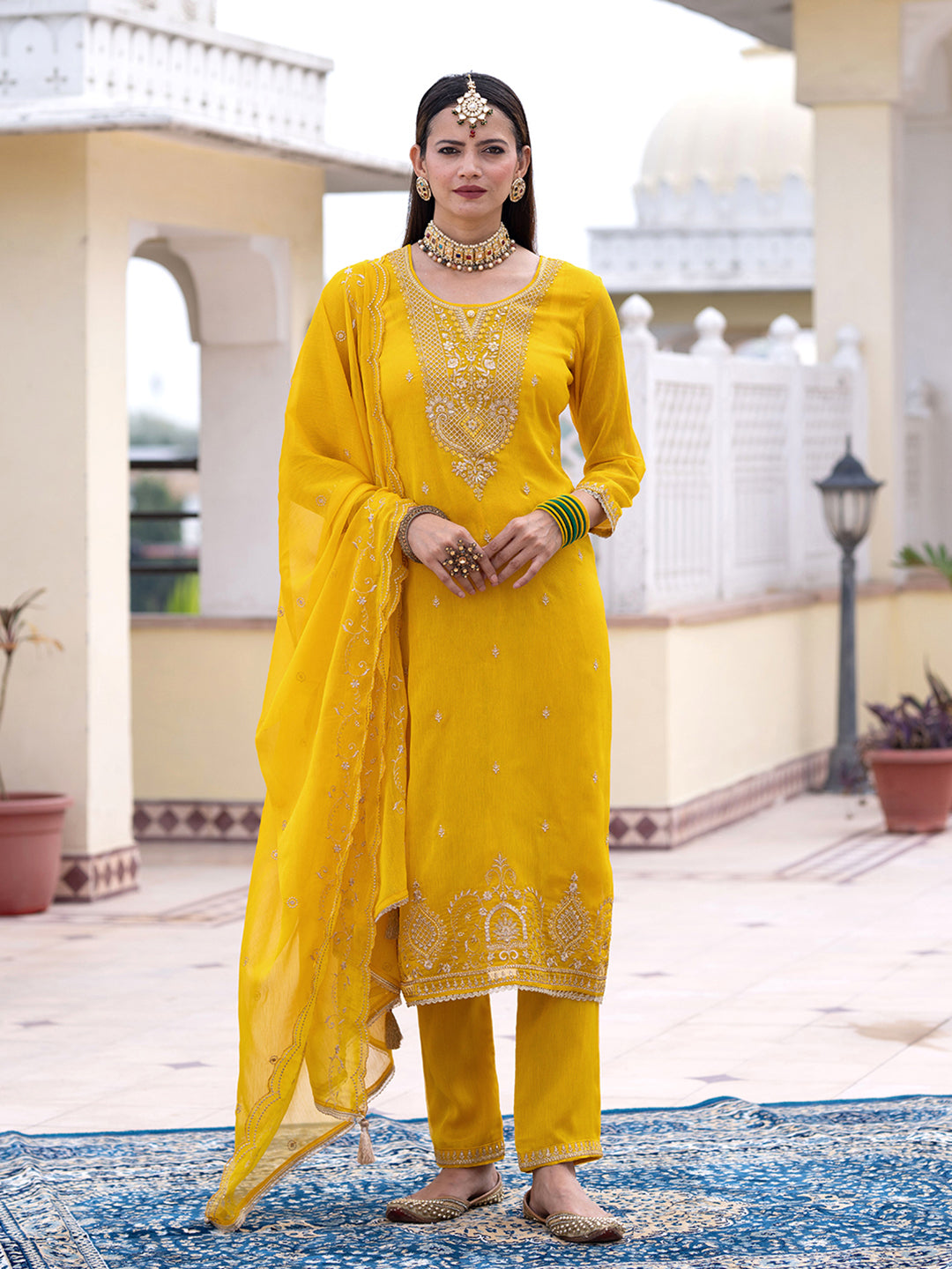 Yellow Chiffon Zari Sequence Thread Embroidered Kurta With Pant And Dupatta Set