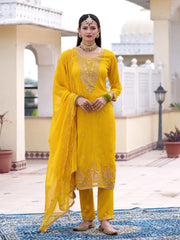 Yellow Chiffon Zari Sequence Thread Embroidered Kurta With Pant And Dupatta Set
