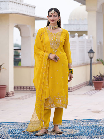 Yellow Chiffon Zari Sequence Thread Embroidered Kurta With Pant And Dupatta Set