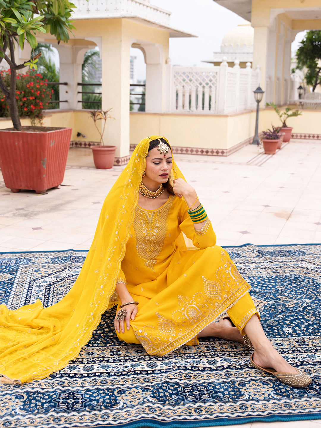 Yellow Chiffon Zari Sequence Thread Embroidered Kurta With Pant And Dupatta Set