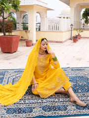 Yellow Embroidered Kurta Set with Dupatta & Pants