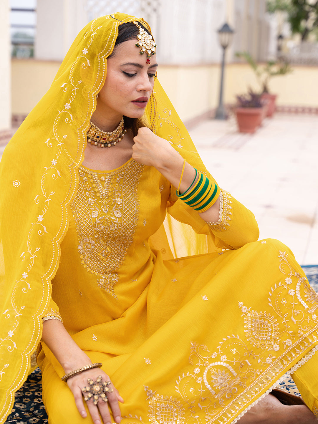 Yellow Embroidered Kurta Set with Dupatta & Pants