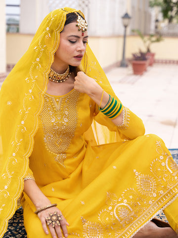 Yellow Chiffon Zari Sequence Thread Embroidered Kurta With Pant And Dupatta Set