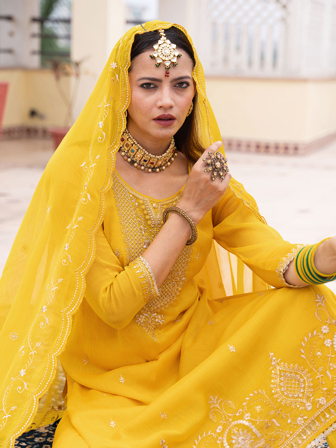 Yellow Chiffon Zari Sequence Thread Embroidered Kurta With Pant And Dupatta Set