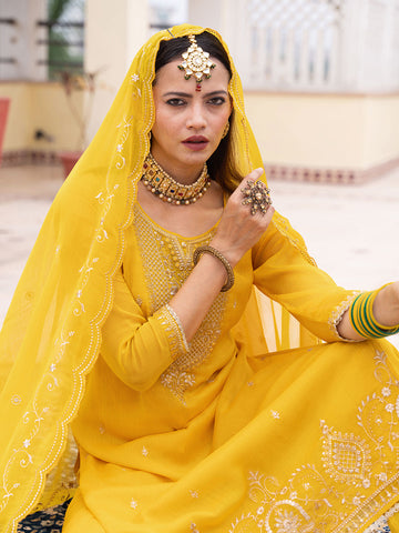 Yellow Embroidered Kurta Set with Dupatta & Pants