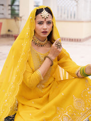Yellow Chiffon Zari Sequence Thread Embroidered Kurta With Pant And Dupatta Set