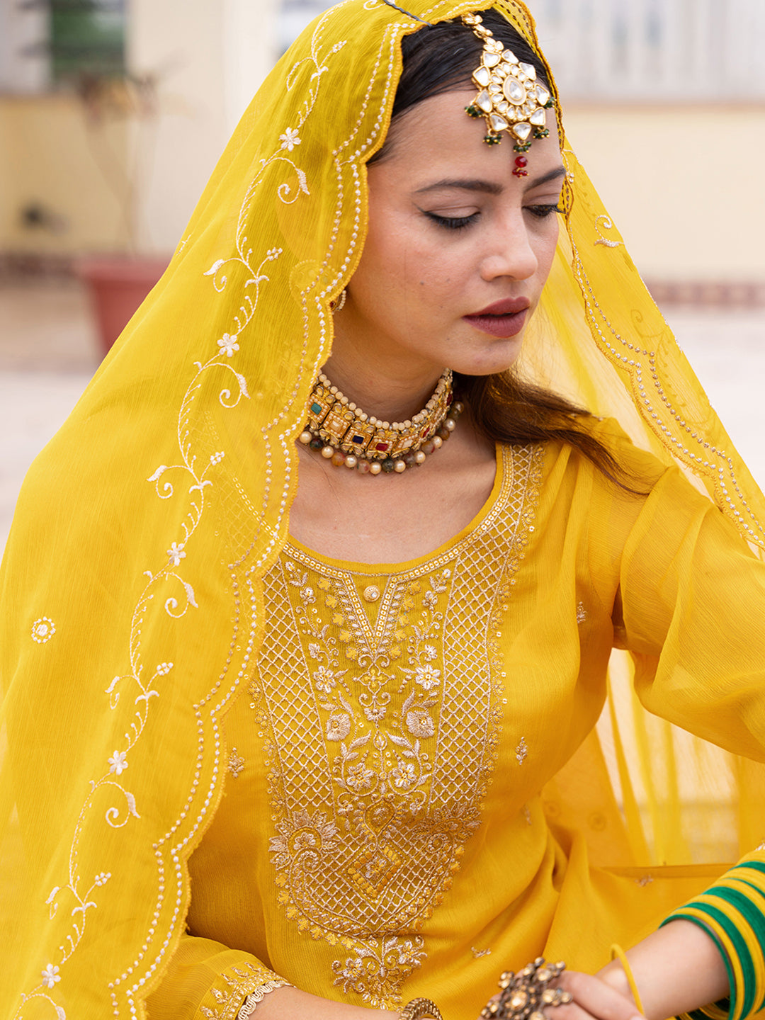 Yellow Embroidered Kurta Set with Dupatta & Pants
