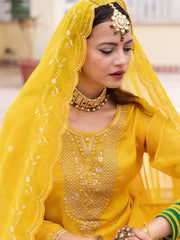 Yellow Chiffon Zari Sequence Thread Embroidered Kurta With Pant And Dupatta Set