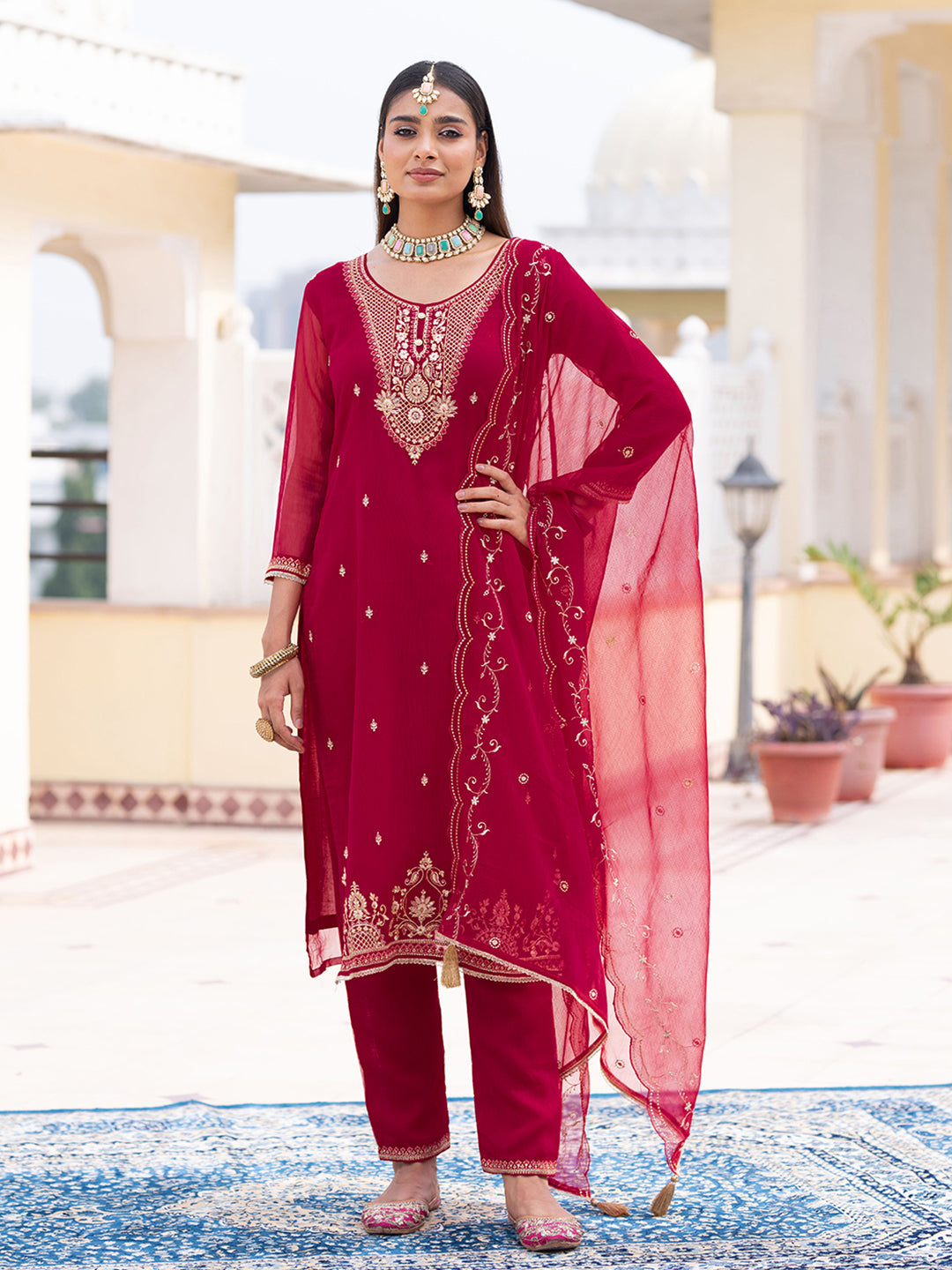 Red Chiffon Zari Sequence Thread Embroidered Kurta With Pant And Dupatta Set