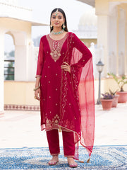 Red Chiffon Zari Sequence Thread Embroidered Kurta With Pant And Dupatta Set
