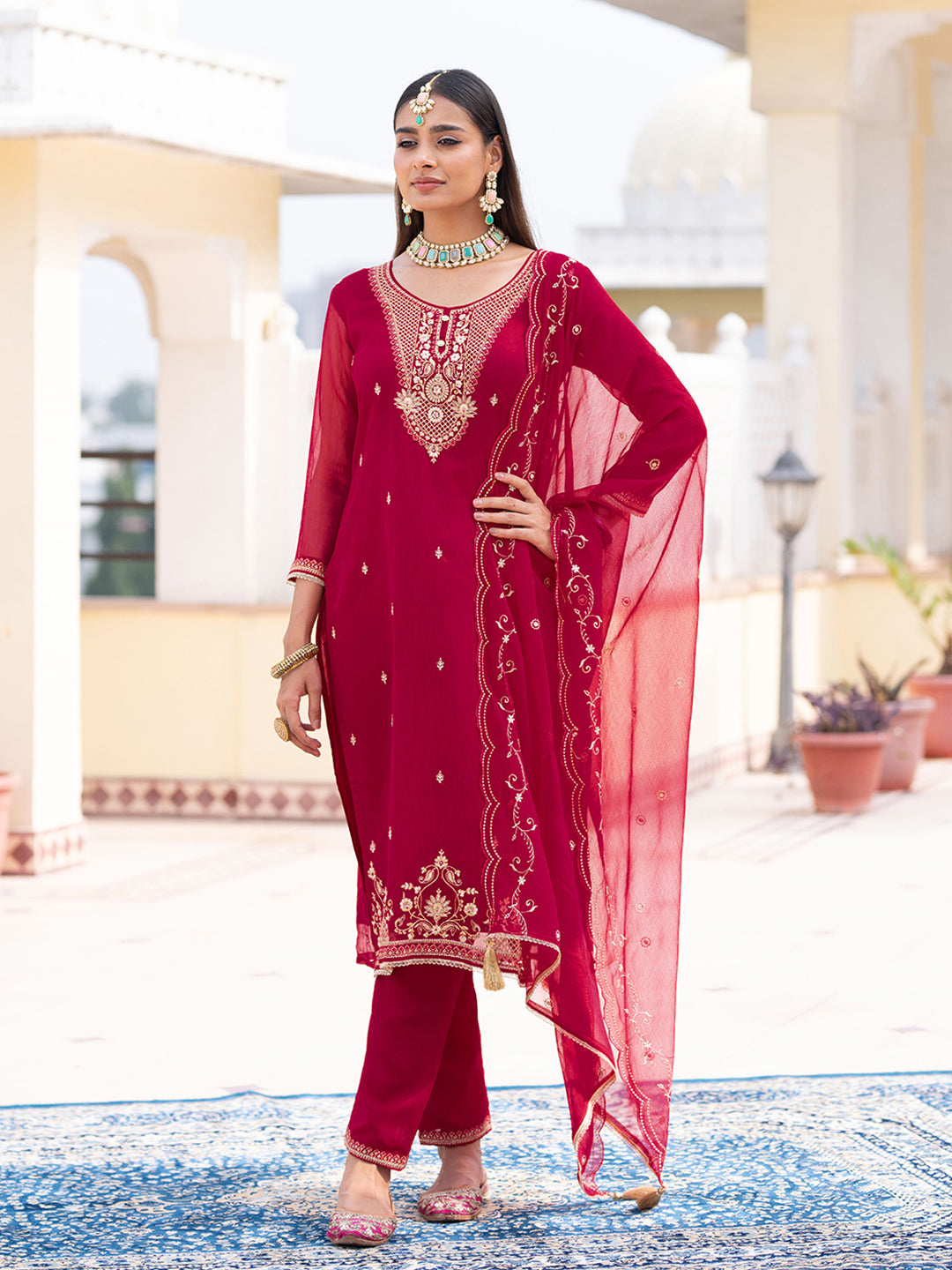 Red Chiffon Zari Sequence Thread Embroidered Kurta With Pant And Dupatta Set