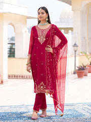 Red Chiffon Zari Sequence Thread Embroidered Kurta With Pant And Dupatta Set